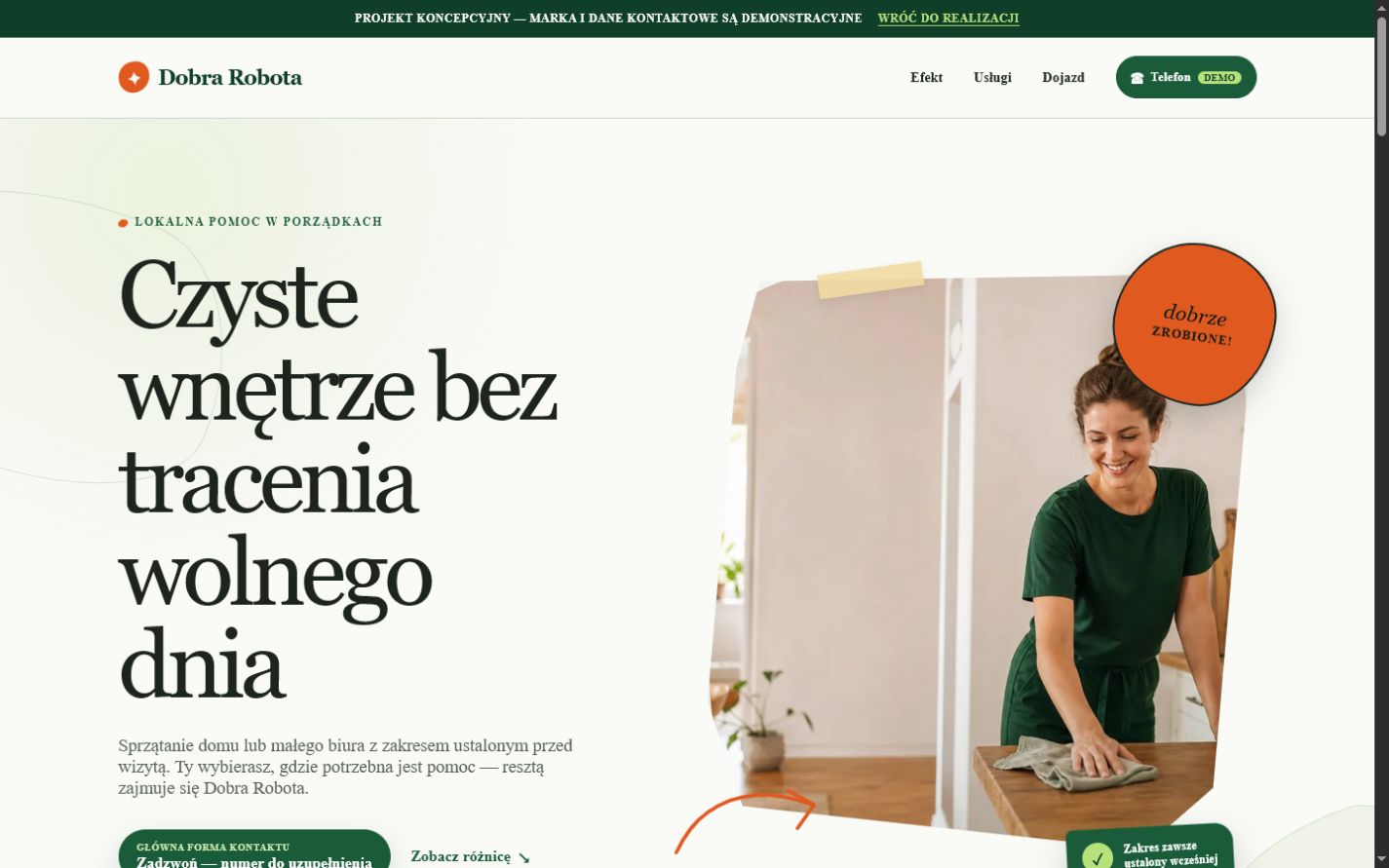 Widok demonstracyjnej strony firmy sprzątającej Dobra Robota na laptopie