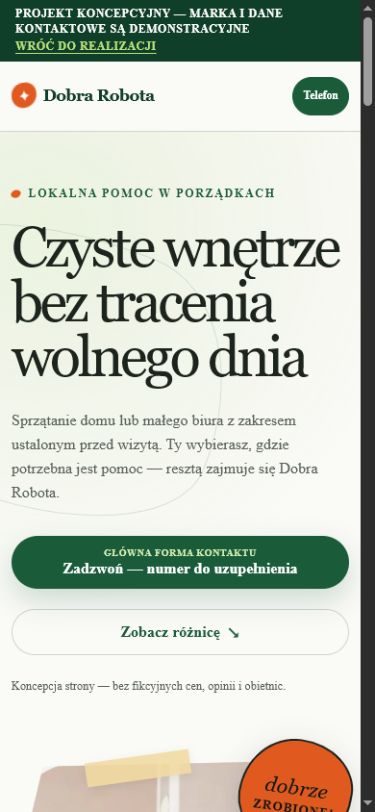 Mobilny widok demonstracyjnej strony firmy sprzątającej