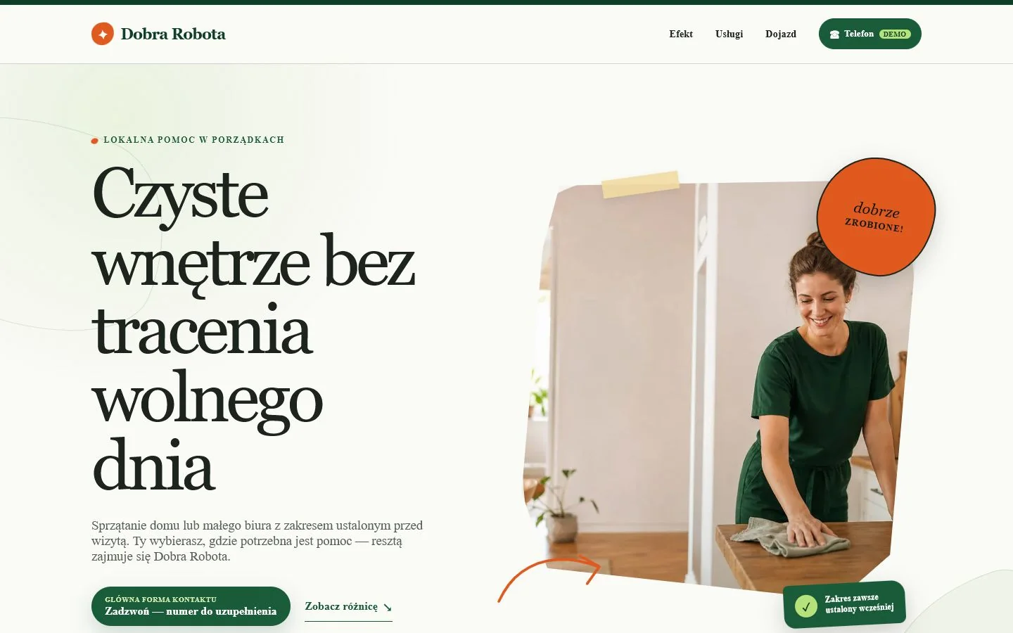 Pierwszy ekran projektu Dobra Robota: logo, nawigacja, lokalne hasło, główny nagłówek i przyciski kontaktowe