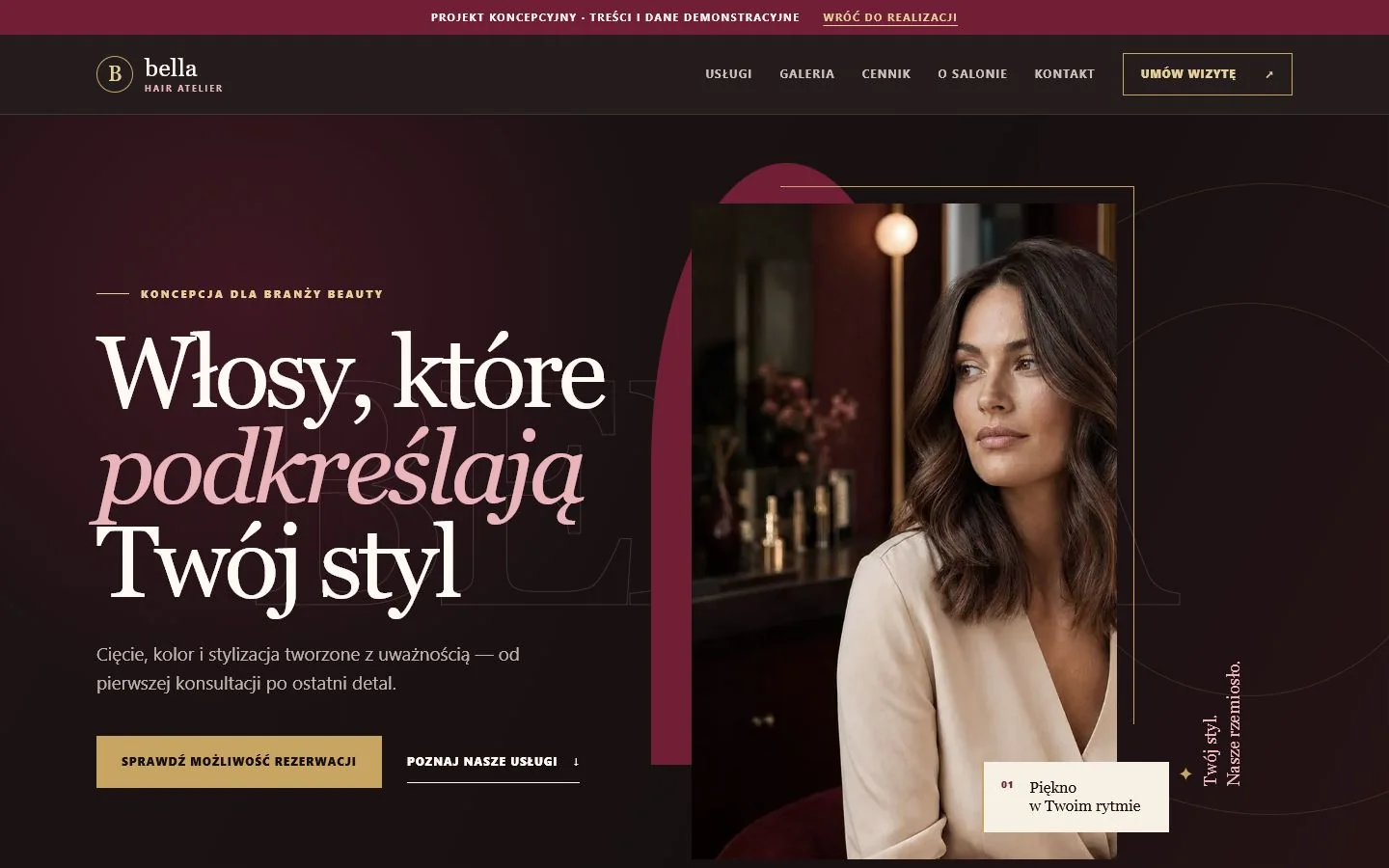 Pierwszy ekran demonstracyjnej strony firmowej Salon Bella z ofertą i przyciskami