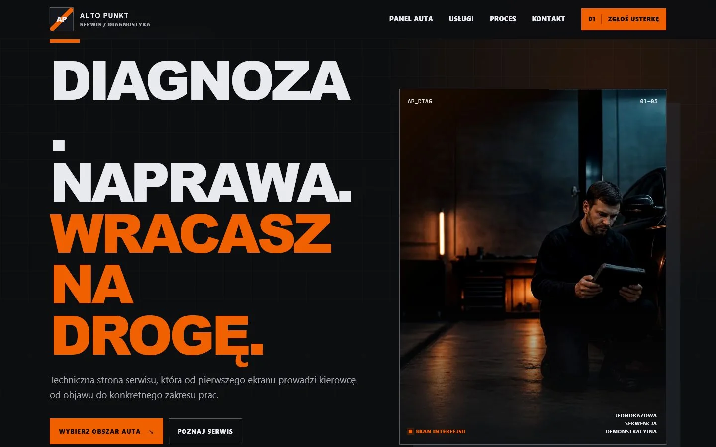 Pierwszy ekran demonstracyjnego landing page Auto Punkt z ofertą serwisu i przyciskami kontaktowymi