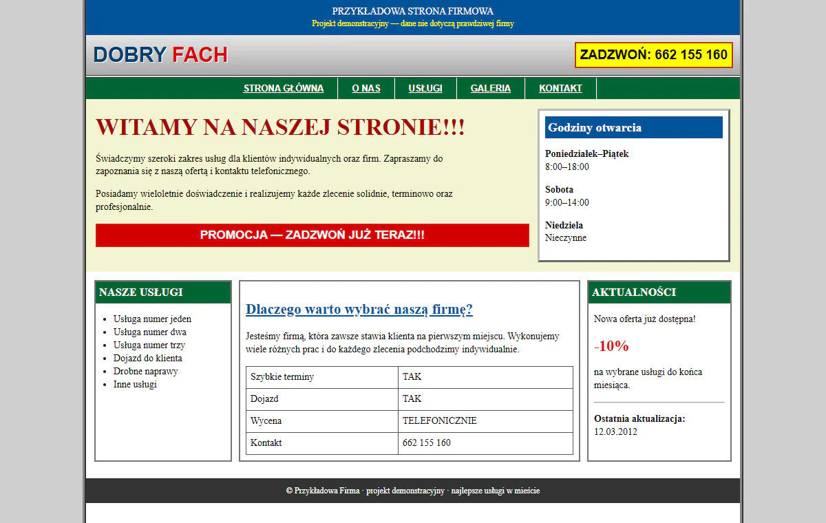Przykładowa strona firmy przed odświeżeniem