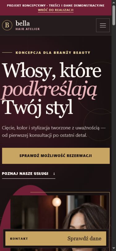 Mobilny widok demonstracyjnej strony salonu fryzjerskiego