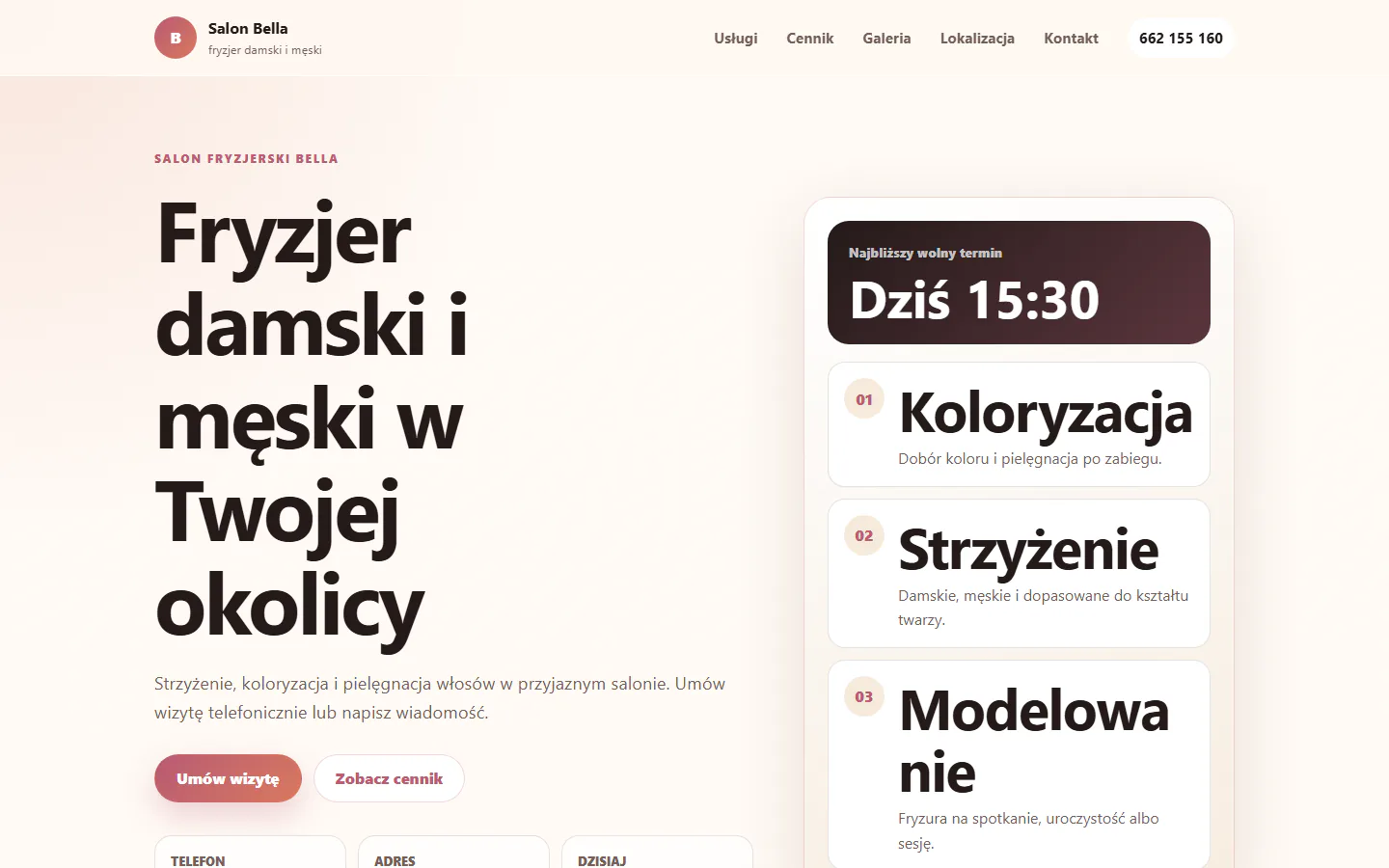 Projekt Salon Bella — widok komputerowy
