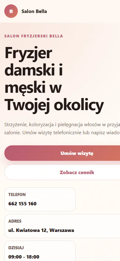 Projekt Salon Bella — widok telefonu