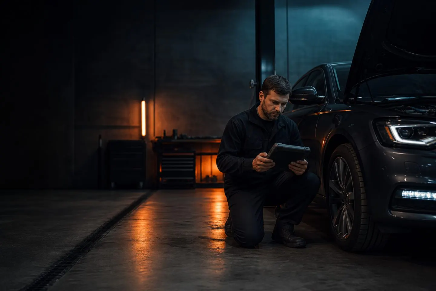 Mechanik z tabletem sprawdzający ciemnego sedana w industrialnej hali serwisowej